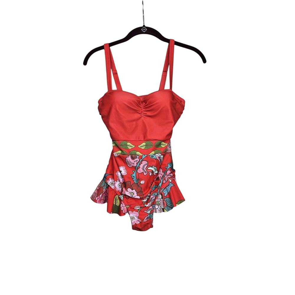 ModCloth Katie Red Floral Ruffle One Piece Swimsuit XS